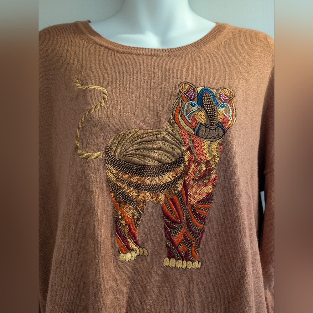 Desingual Gorgeous Embroidered Tiger Sweater in Brown. NWOT. M.